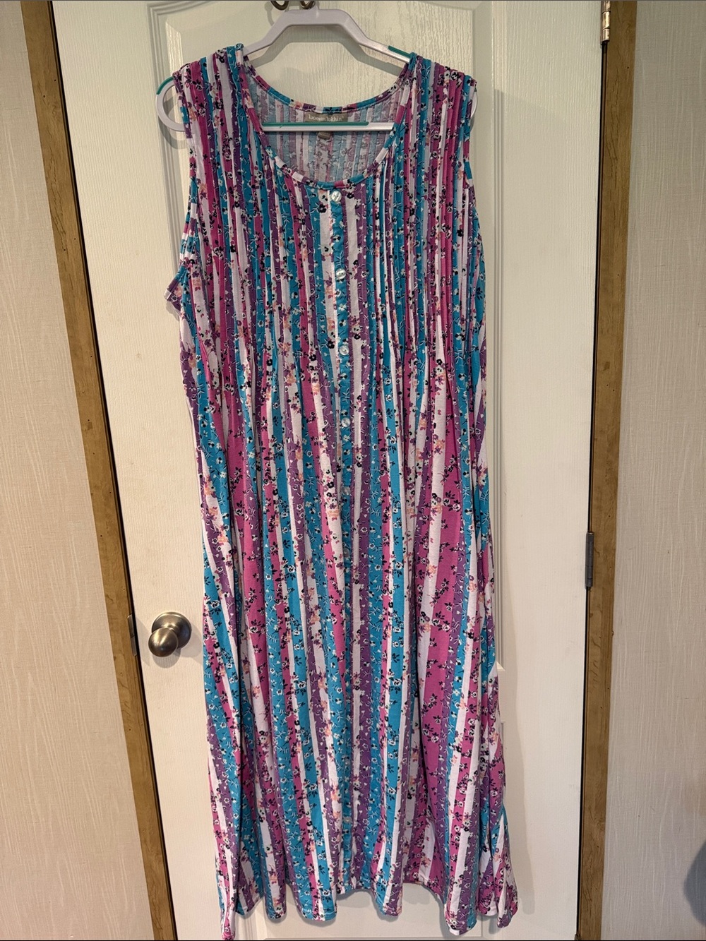Woman Within Sleeveless Maxi Dress in Pink, Teal, Purple & White Stripes